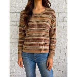 Alfred Dunner Sweater Women XL Tan  Striped Knit Crew Neck USA Made